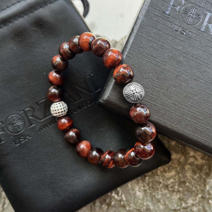 Aston Red Tiger's Eye and Pavé CZ Diamonds Beaded Bracelet for Men, 10mm