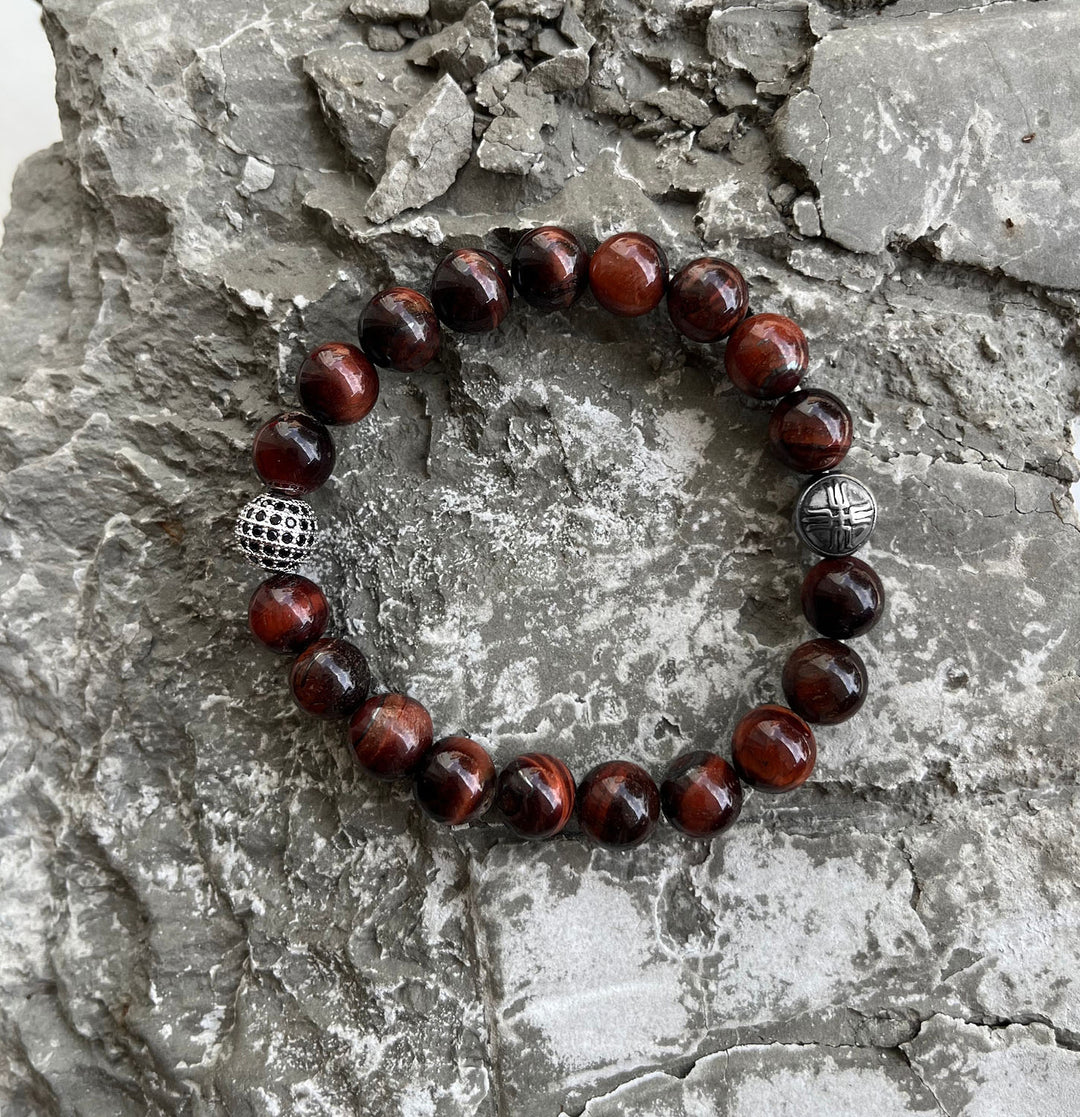 Aston Red Tiger's Eye and Pavé CZ Diamonds Beaded Bracelet for Men, 10mm