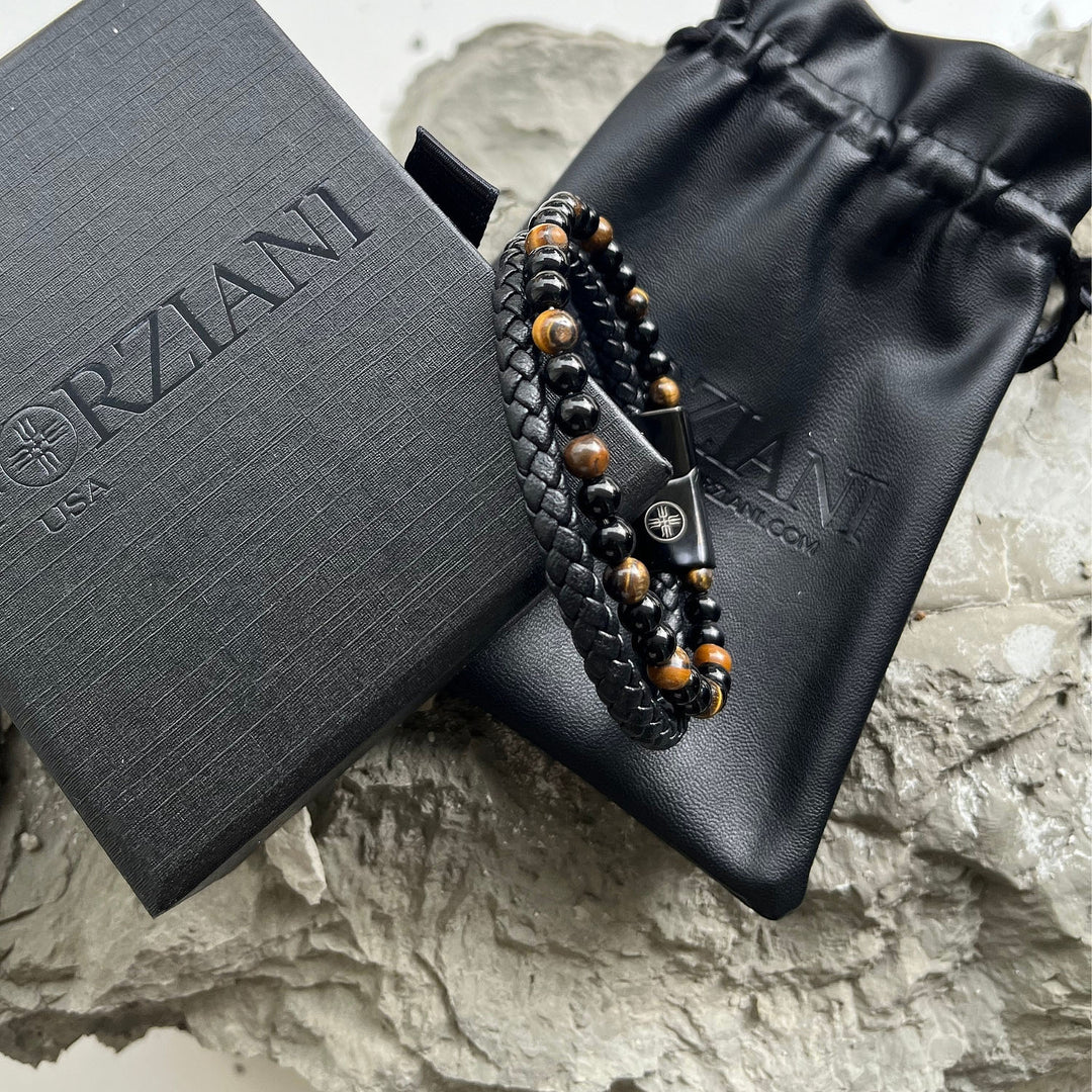 Biscayne Tigers Eye and Leather Layered Bracelet
