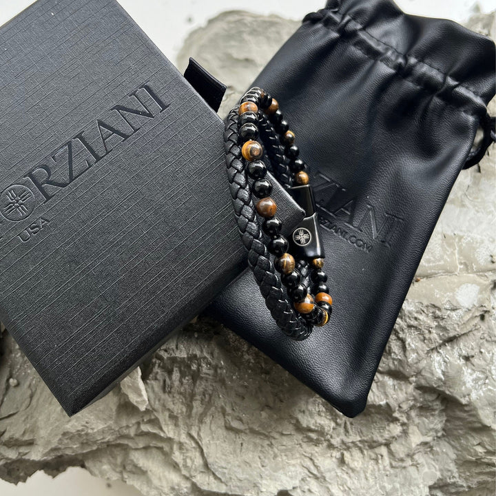 Biscayne Tigers Eye and Leather Layered Bracelet