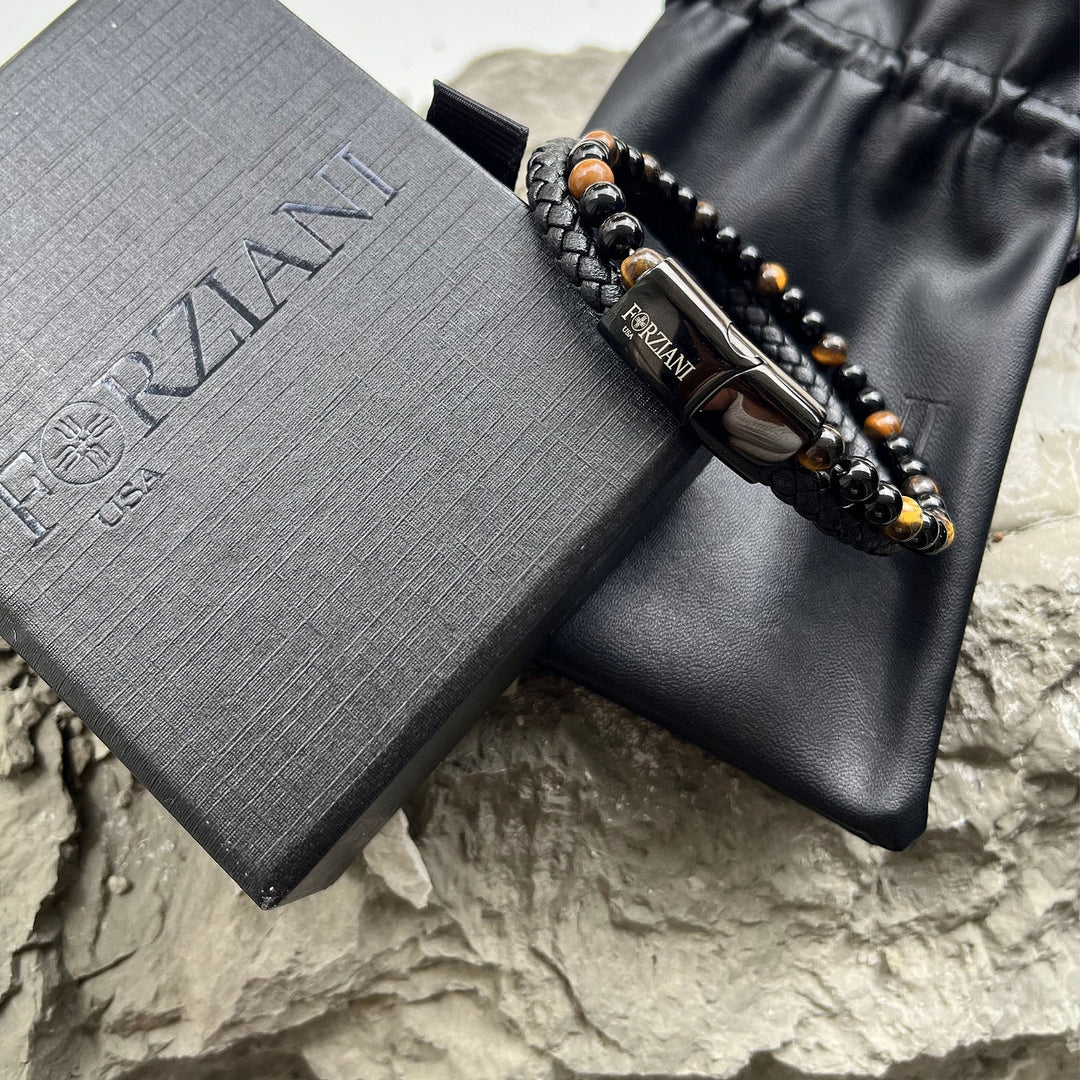 Biscayne Tigers Eye and Leather Layered Bracelet