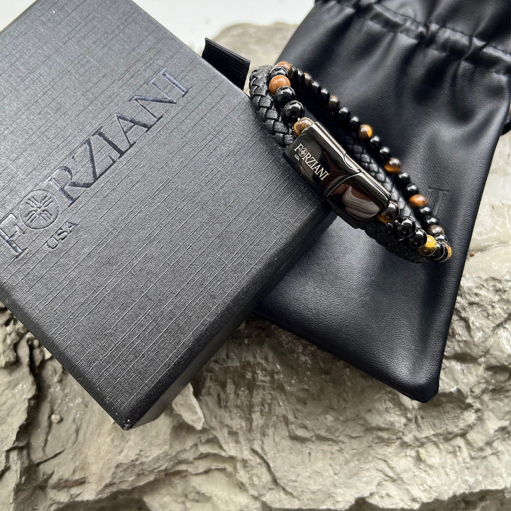 Biscayne Tigers Eye and Leather Layered Bracelet