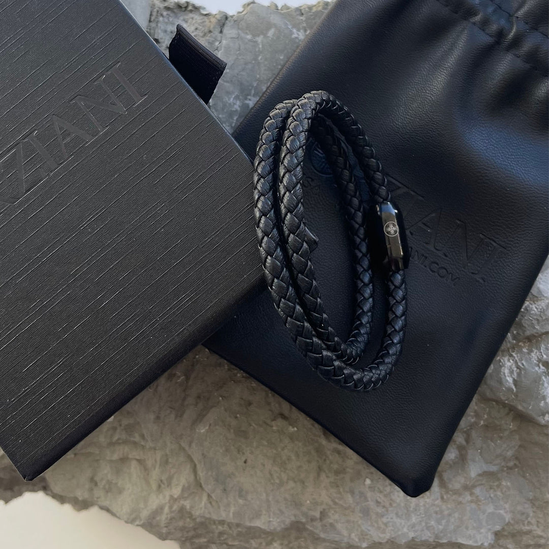 Braided Black Leather Double Wrap Bracelet