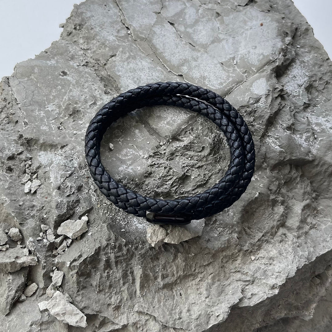 Braided Black Leather Double Wrap Bracelet