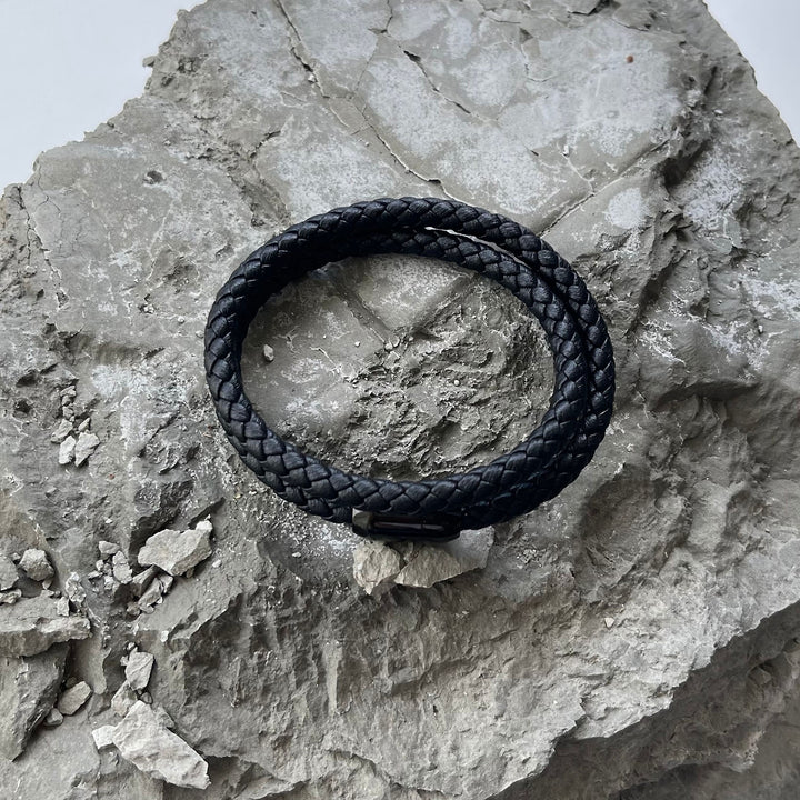 Braided Black Leather Double Wrap Bracelet