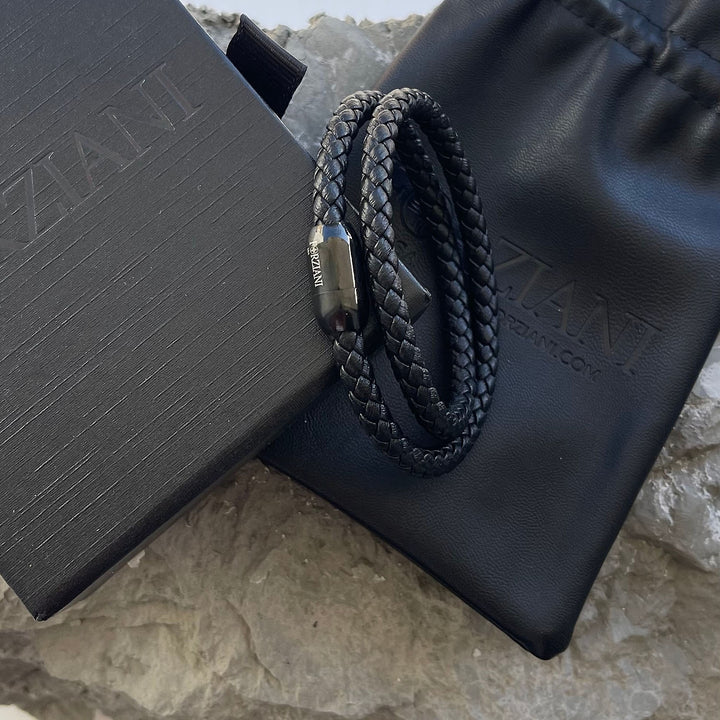 Braided Black Leather Double Wrap Bracelet