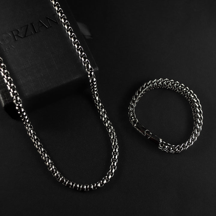 Chevron Box Chain + Bracelet Set - Silver