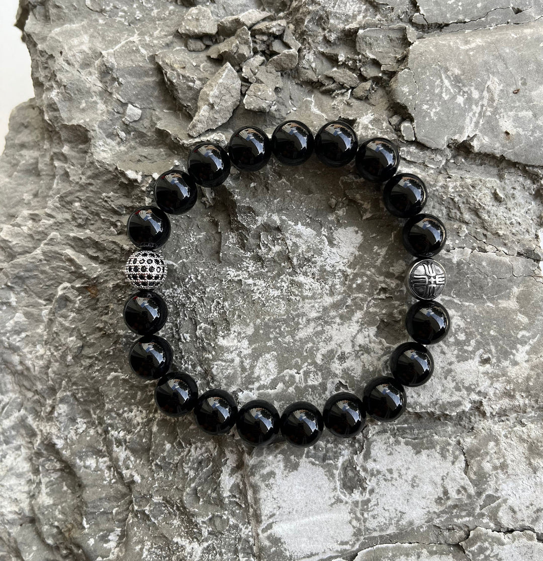 Dash Black Onyx and Pavé CZ Diamonds Beaded Bracelet for Men, 10mm