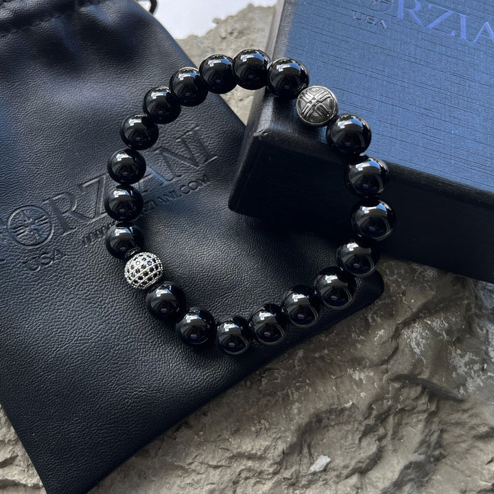 Dash Black Onyx and Pavé CZ Diamonds Beaded Bracelet for Men, 10mm