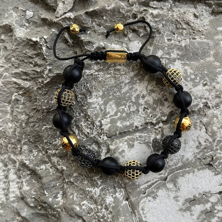 Men’s All Powerful Black Agate and CZ Diamonds Pavé Beads Bracelet, 10mm
