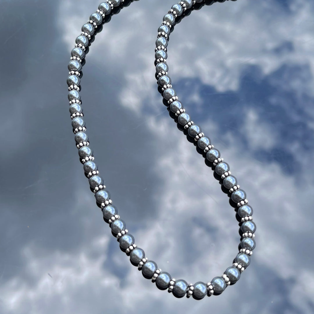 Men’s Black Pearls Necklace, Silver