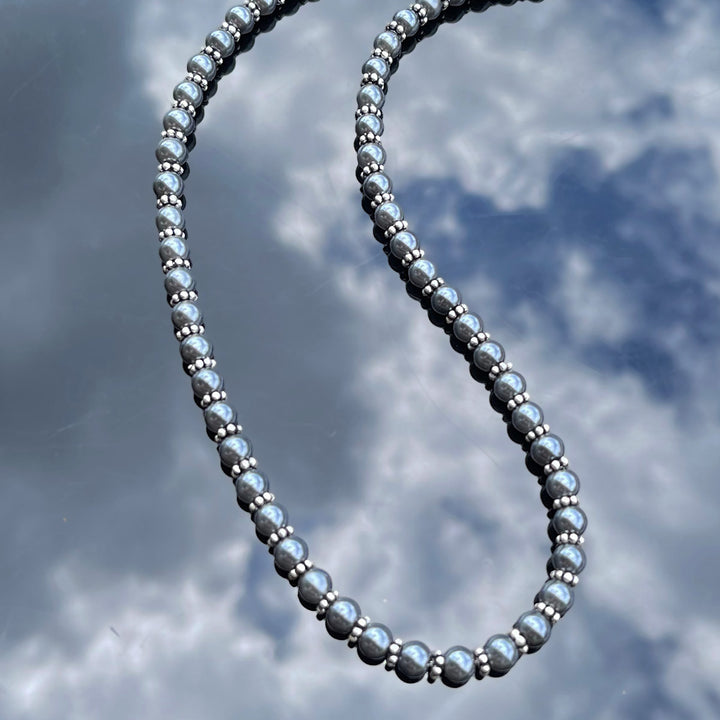 Men’s Black Pearls Necklace, Silver
