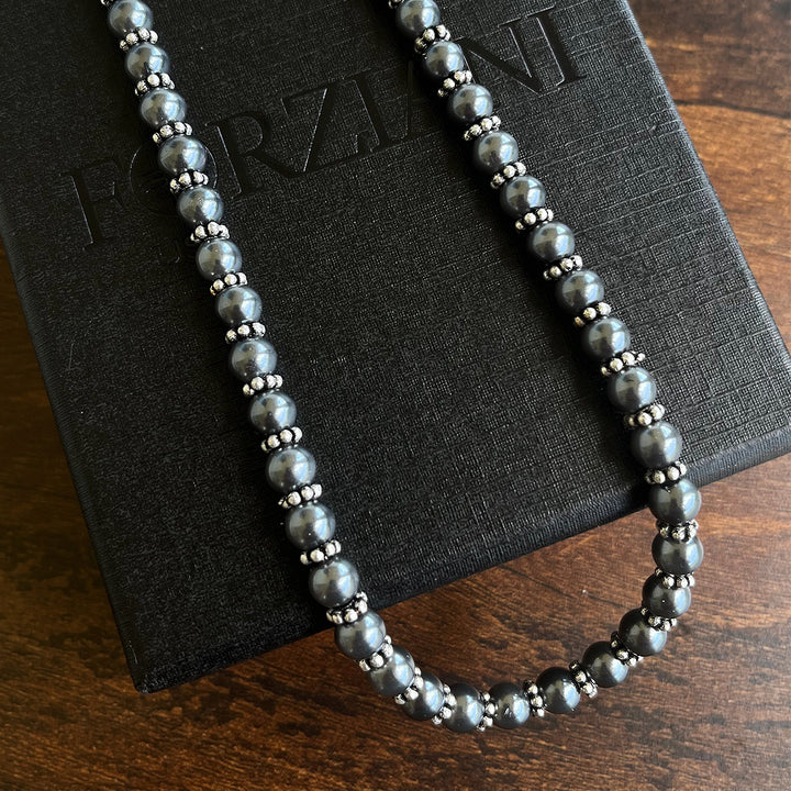 Men’s Black Pearls Necklace, Silver