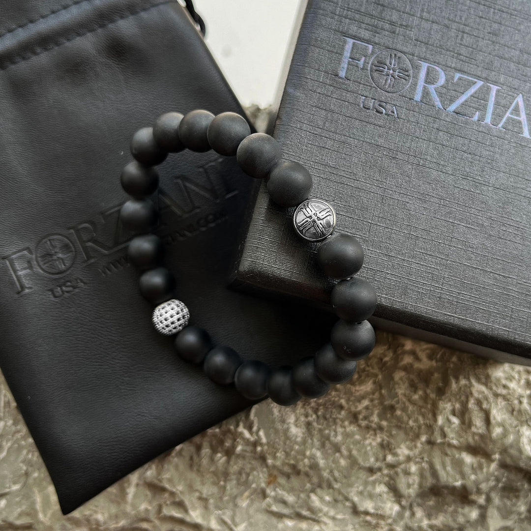 Orion Black Agate and Pavé CZ Diamonds Beaded Bracelet for Men, 10mm