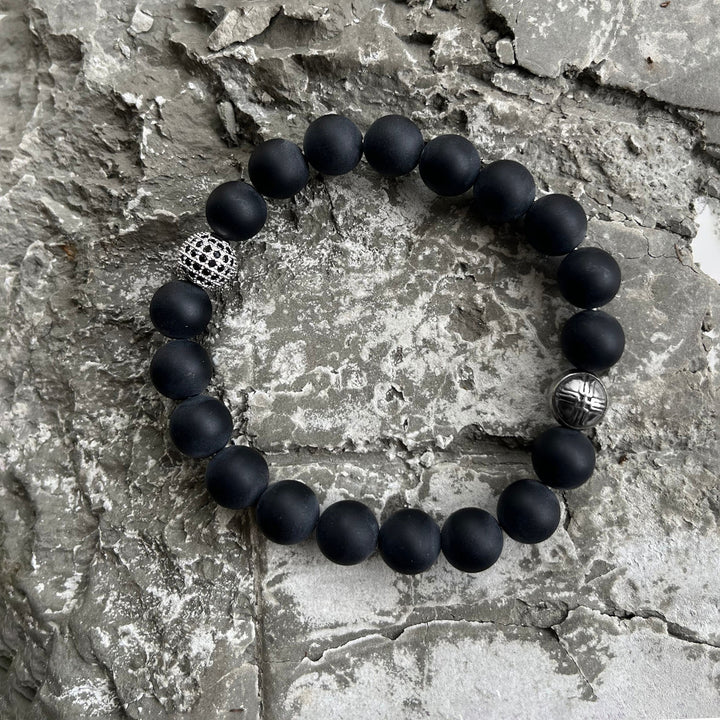 Orion Black Agate and Pavé CZ Diamonds Beaded Bracelet for Men, 10mm