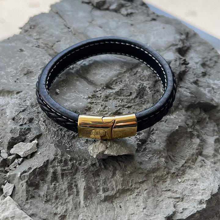 Panache Black Leather and Gold Men's Bracelet