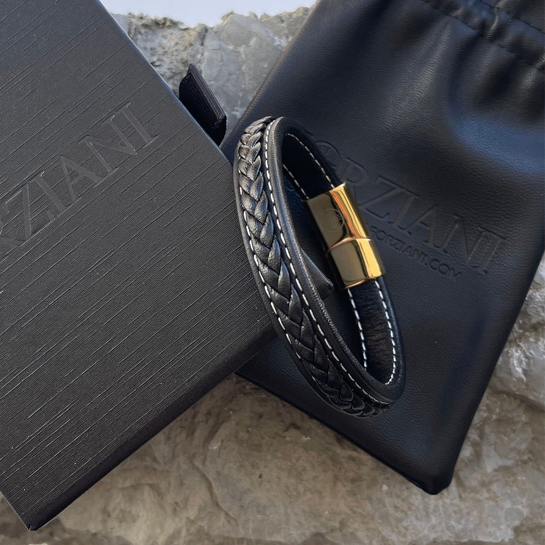 Panache Black Leather and Gold Men's Bracelet