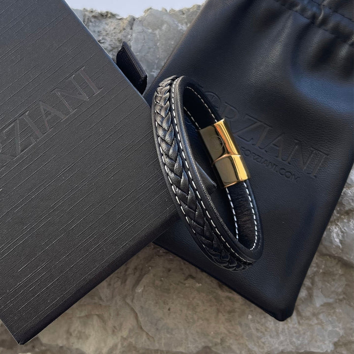 Panache Black Leather and Gold Men's Bracelet