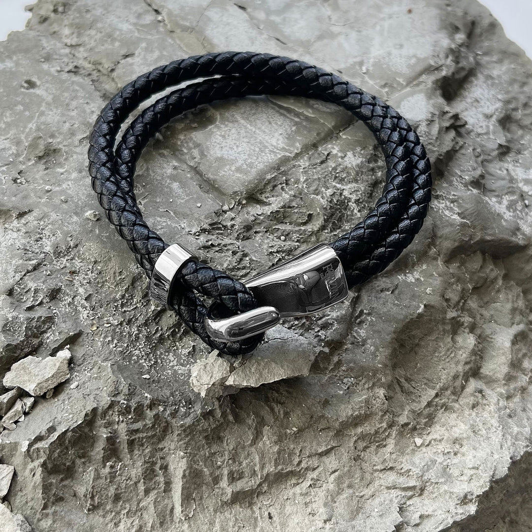 Silver Hook Double Braided Leather Bracelet