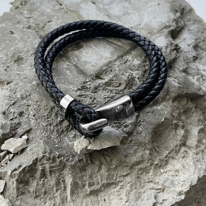 Silver Hook Double Braided Leather Bracelet
