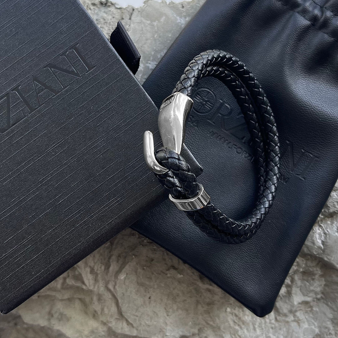 Silver Hook Double Braided Leather Bracelet