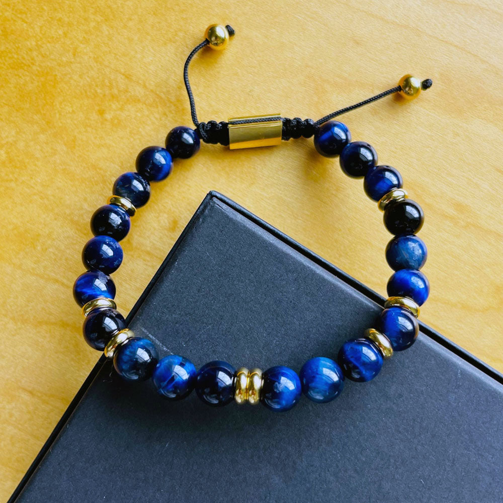 Summit Men’s Beaded Bracelet Blue Tiger's Eye Gold, 6mm