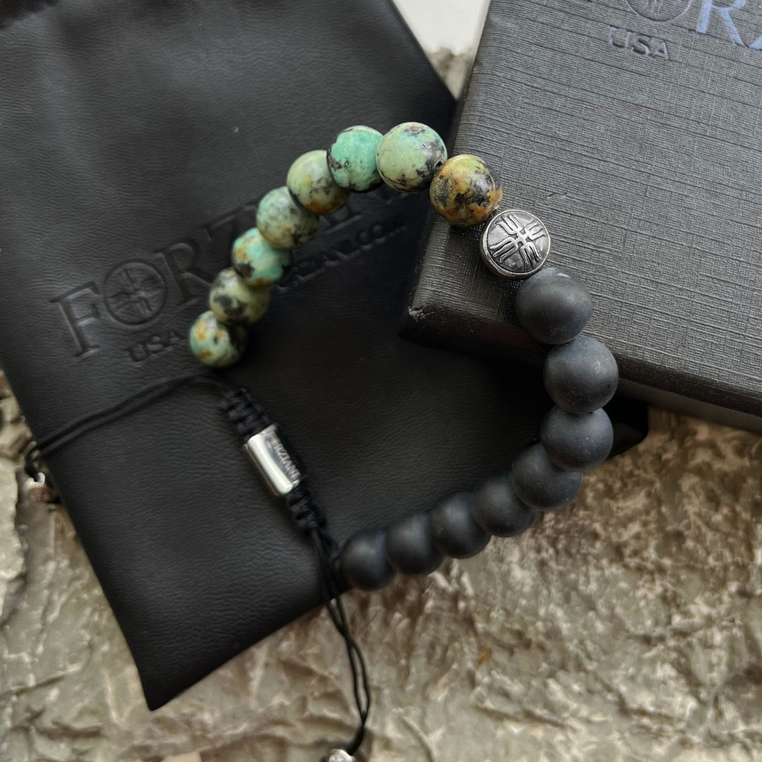 Zone Turquoise and Black Agate Beads Bracelet, 10mm