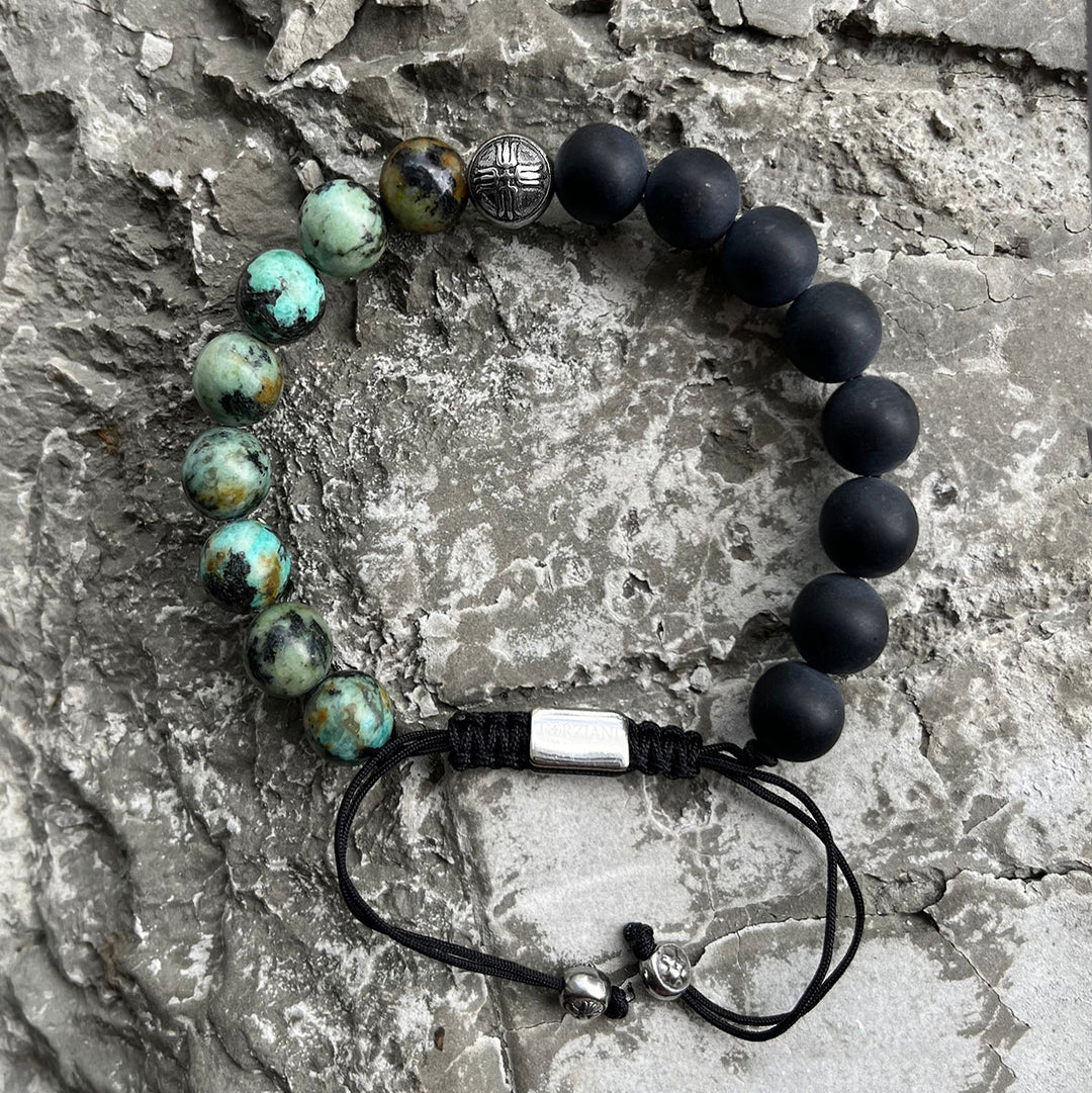 Zone Turquoise and Black Agate Beads Bracelet, 10mm