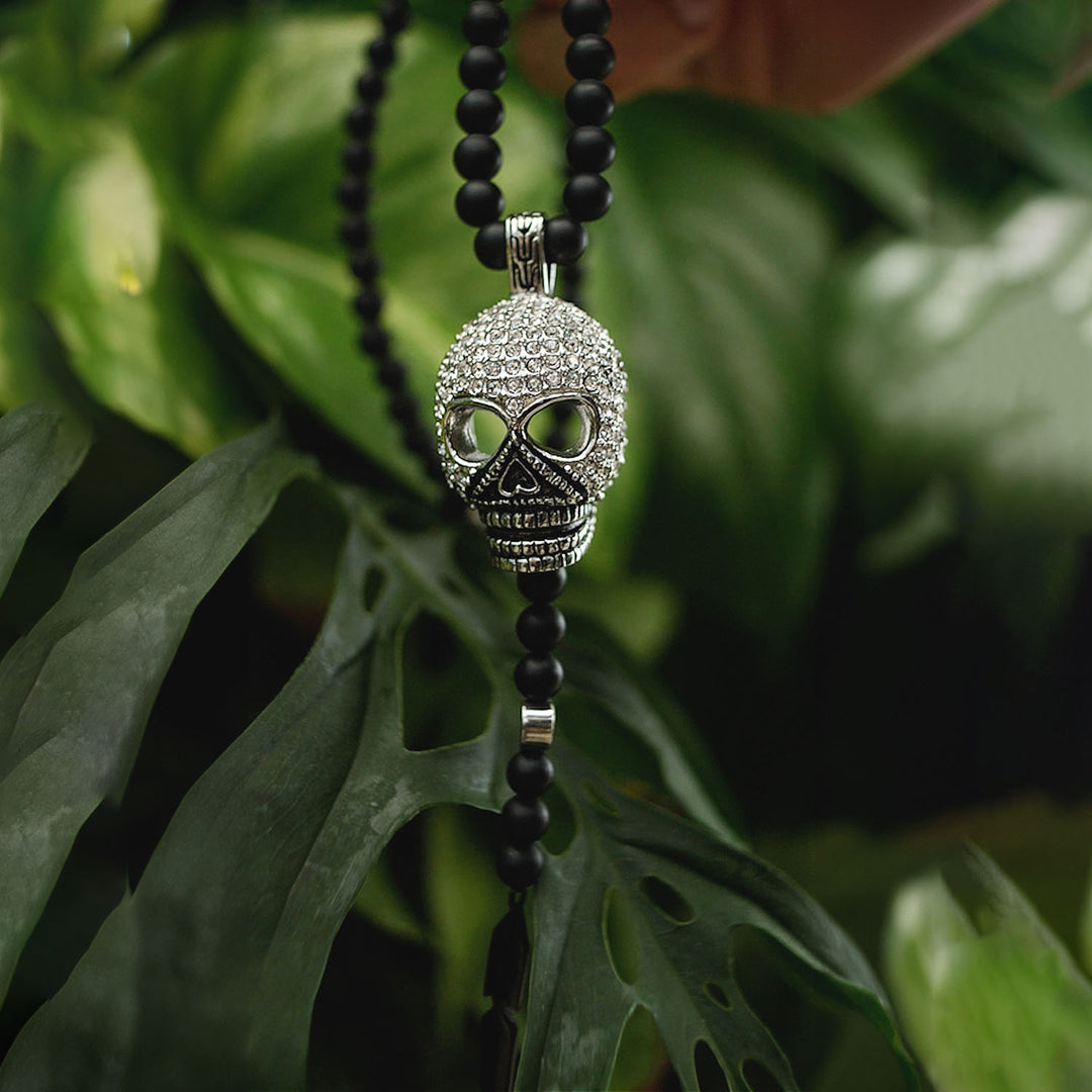 Black Agate and Pavé CZ Diamonds Skull Necklace