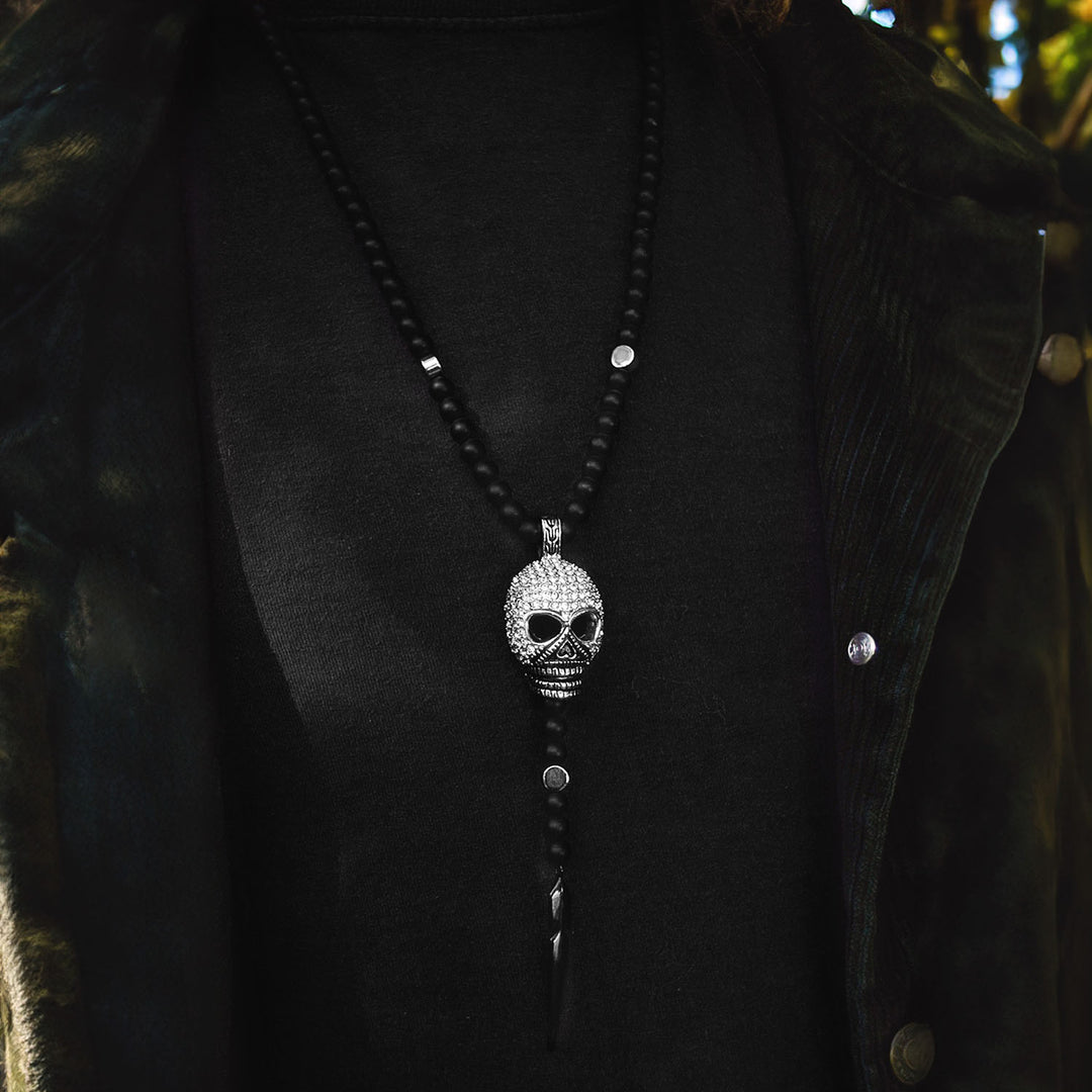 Black Agate and Pavé CZ Diamonds Skull Necklace