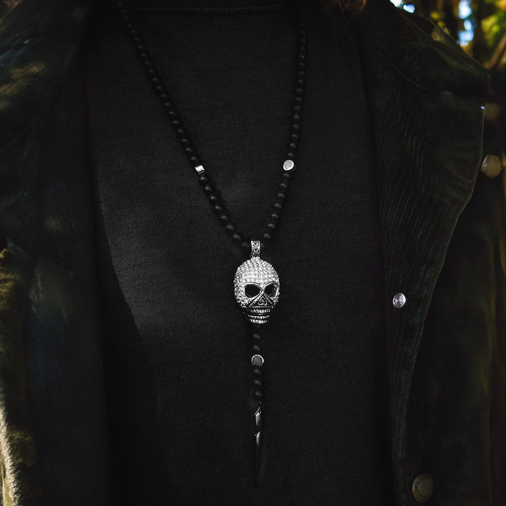 Black Agate and Pavé CZ Diamonds Skull Necklace