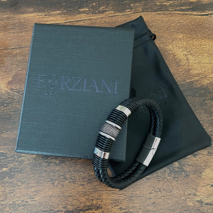Black Nappa Double Woven Leather Men's Bracelet