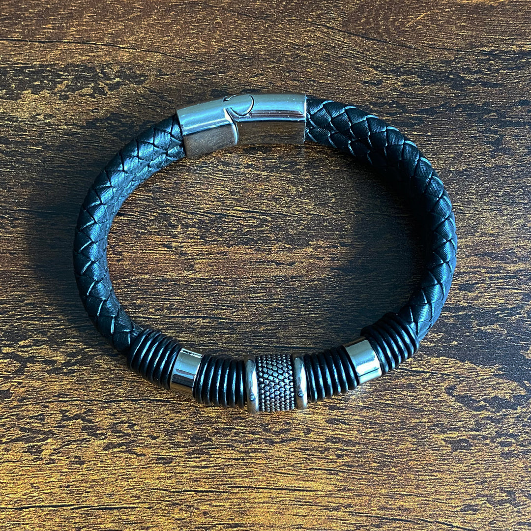 Black Nappa Double Woven Leather Men's Bracelet