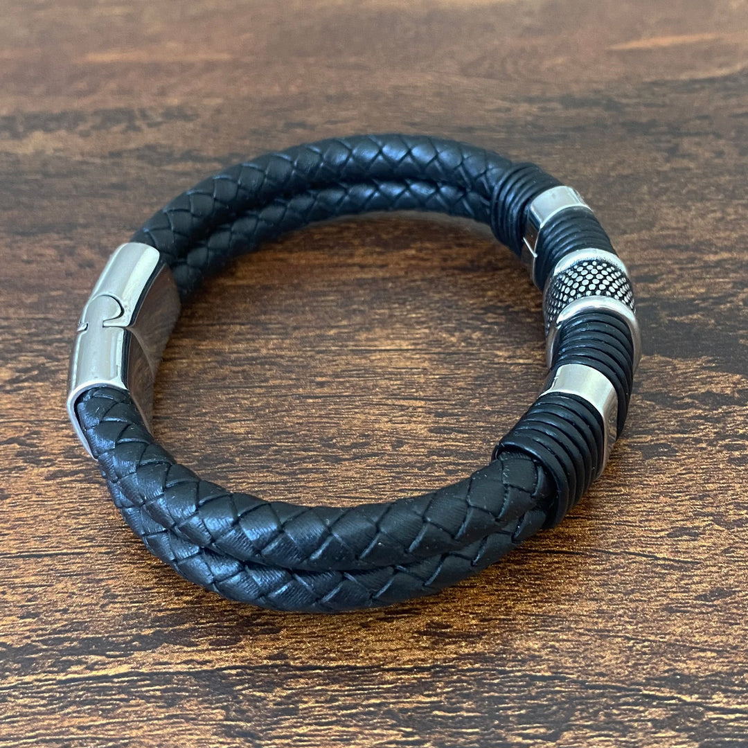 Black Nappa Double Woven Leather Men's Bracelet