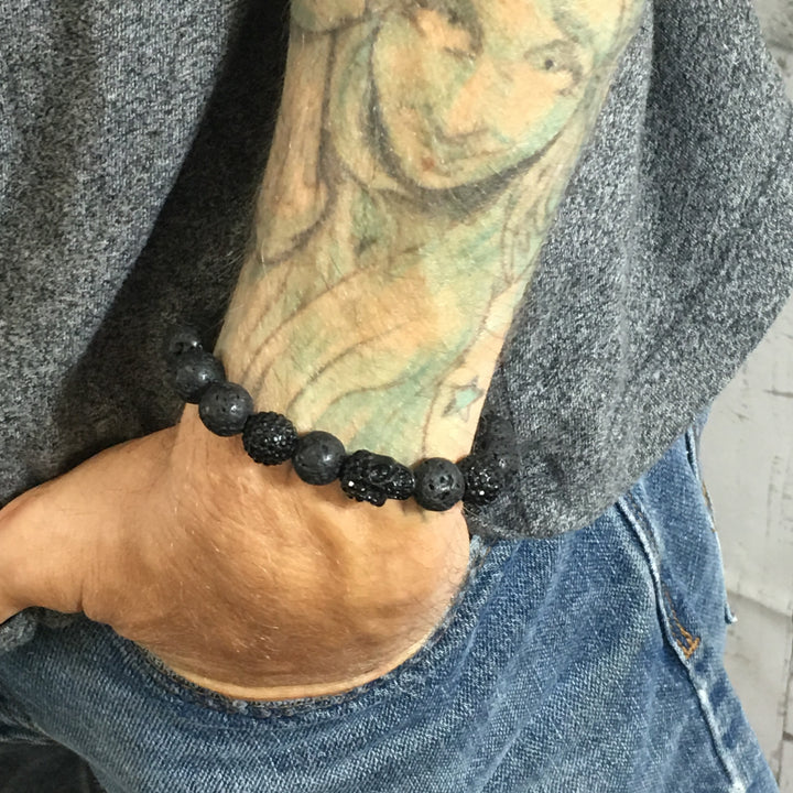 Rebel Skull and Lava Stone Beads Bracelet, 10mm