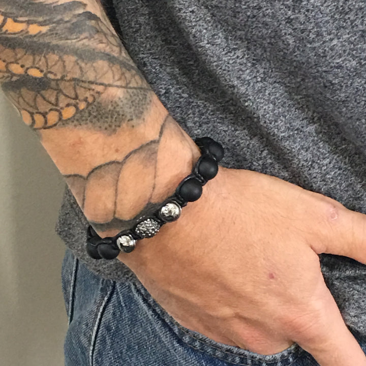 Dynamic Black Agate and CZ Diamonds Pavé Beads Bracelet, 10mm
