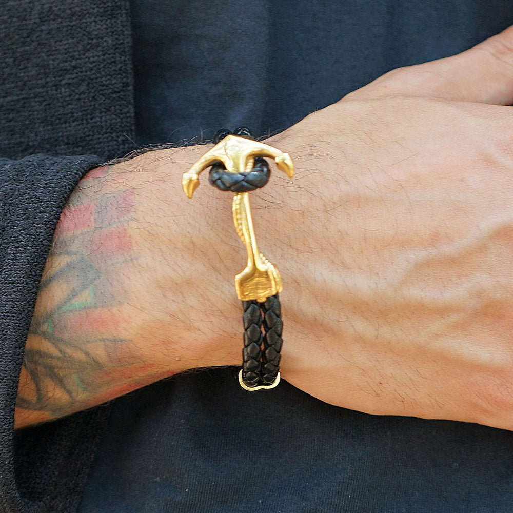 Maritime Gold Anchor Leather Bracelet