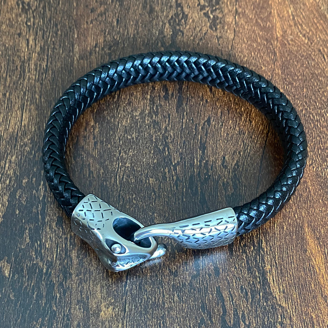 Ouroboros 'Eternity Snake' Leather and Steel Bracelet