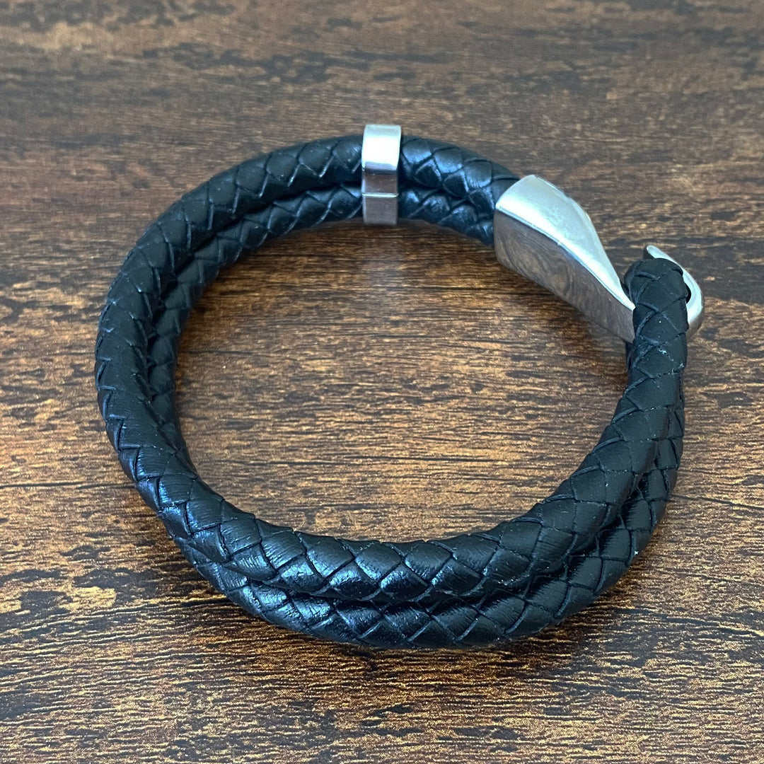 Silver Hook Double Braided Leather Bracelet