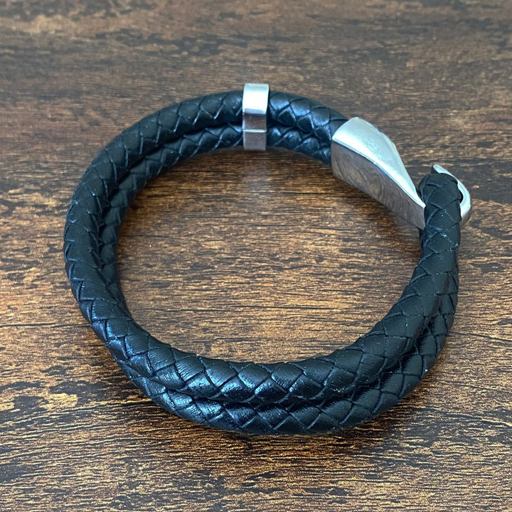 Silver Hook Double Braided Leather Bracelet