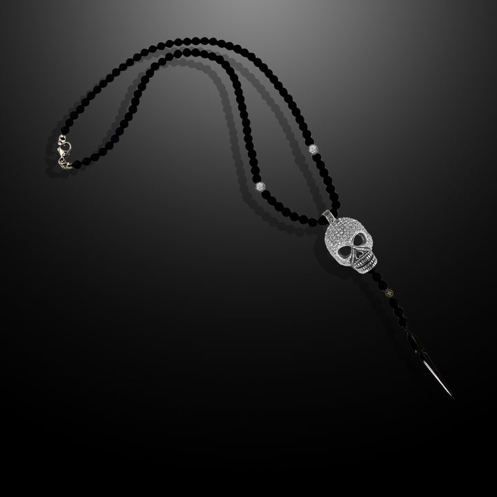 Black Agate and Pavé CZ Diamonds Skull Necklace