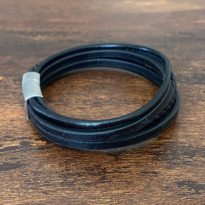 Stratos Multilayered Black Leather Bracelet