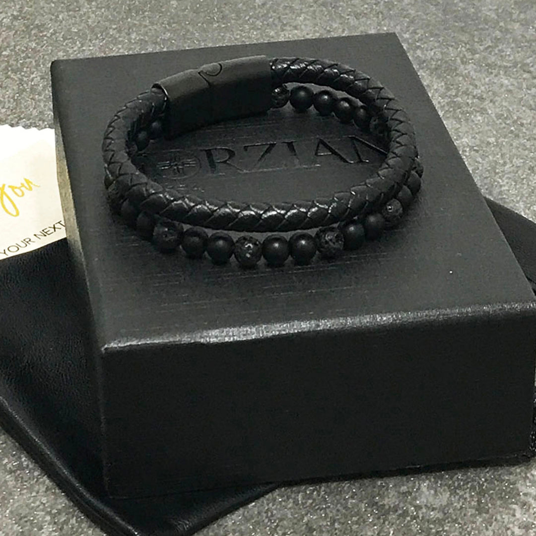 Biscayne Black Lava Rock and Leather Layered Bracelet for Men