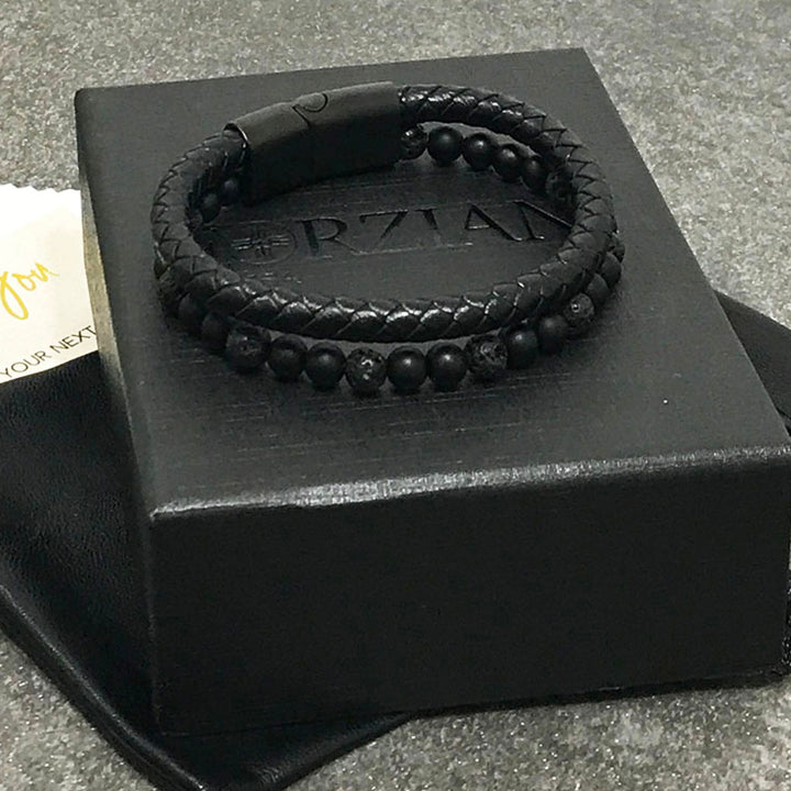 Biscayne Black Lava Rock and Leather Layered Bracelet for Men