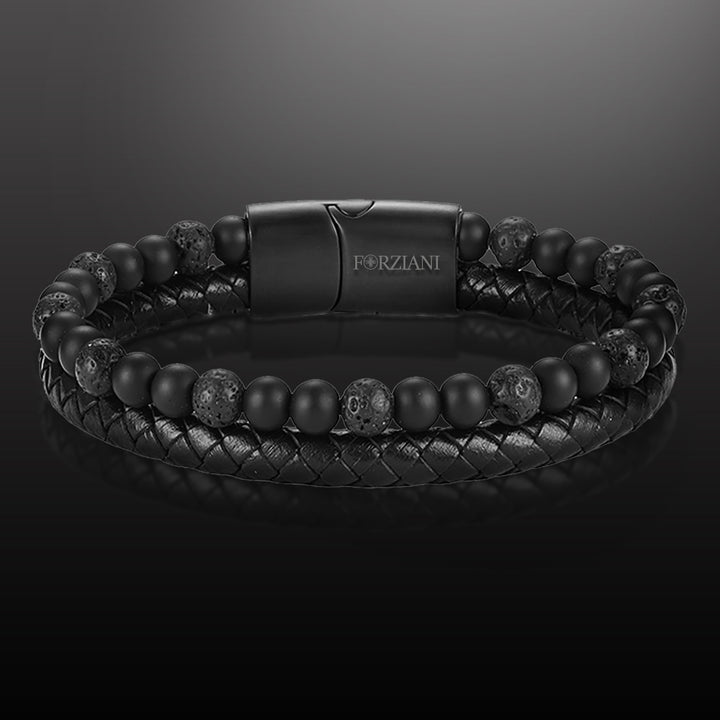 Biscayne Black Lava Rock and Leather Layered Bracelet for Men