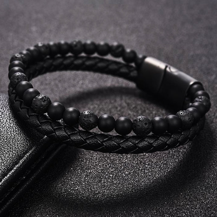 Biscayne Black Lava Rock and Leather Layered Bracelet for Men