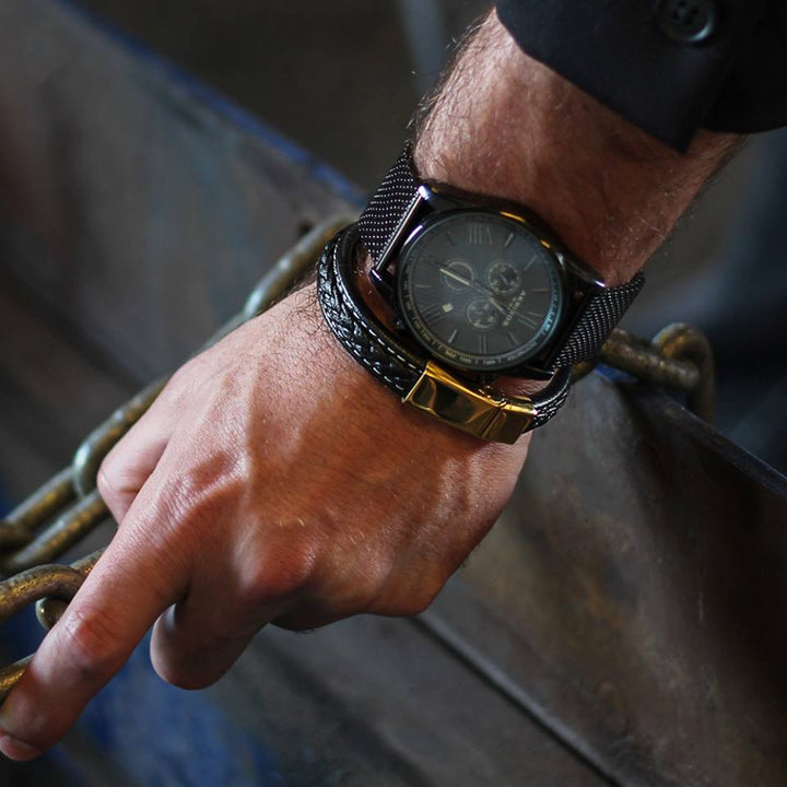 Panache Black Leather and Gold Men's Bracelet