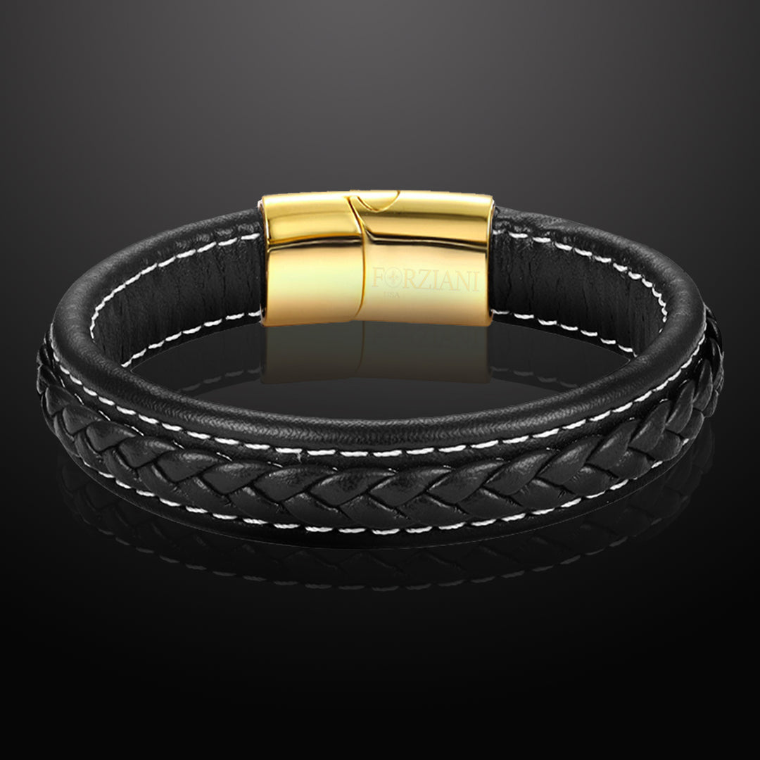 Panache Black Leather and Gold Men's Bracelet