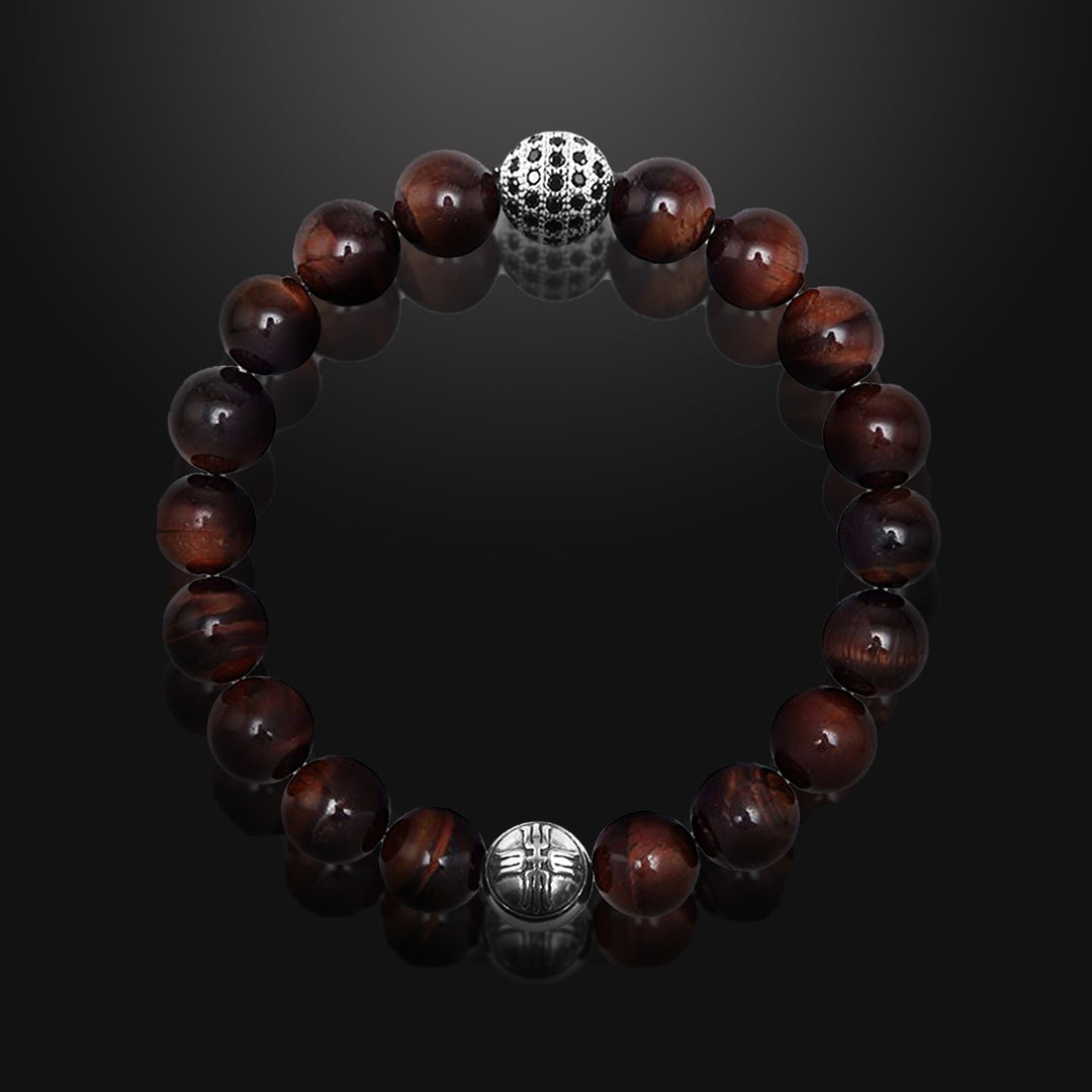 Aston Red Tiger's Eye and Pavé CZ Diamonds Beaded Bracelet for Men, 10mm