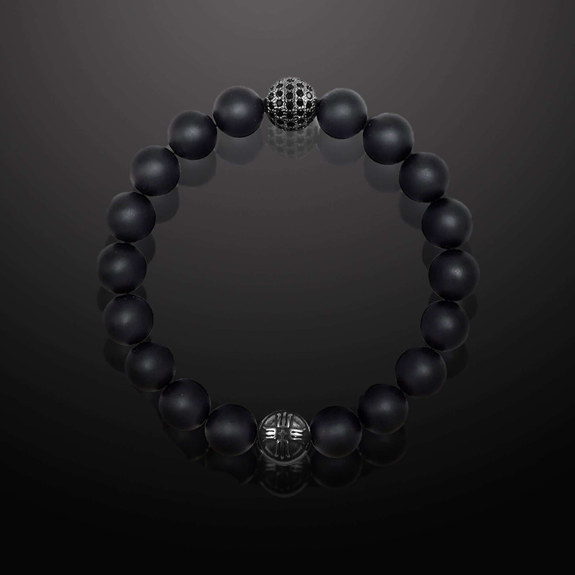 Men’s All Powerful Black Agate and CZ Diamonds Pavé Beads Bracelet, 10mm